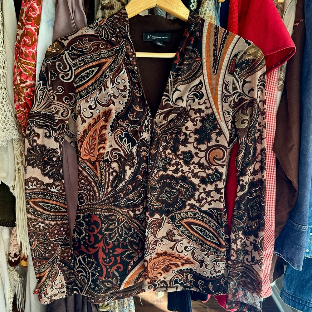 INC International Concepts Petite Paisley Mesh Top – 90s/00s Boho Wrap Style (S)
